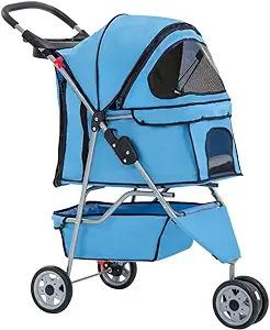 a blue pet stroller with wheels