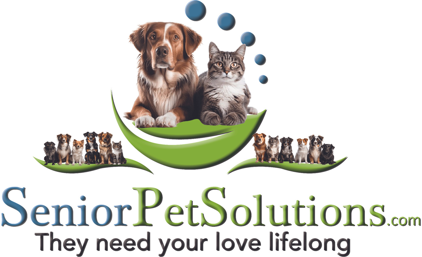the senior pet solutions logo featuring an older dog and cat. Senior Pet Solutions has goods and services for senior pets