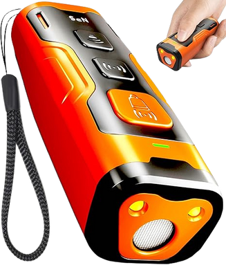 a hand holding an orange and black dog bark deterrent flashlight